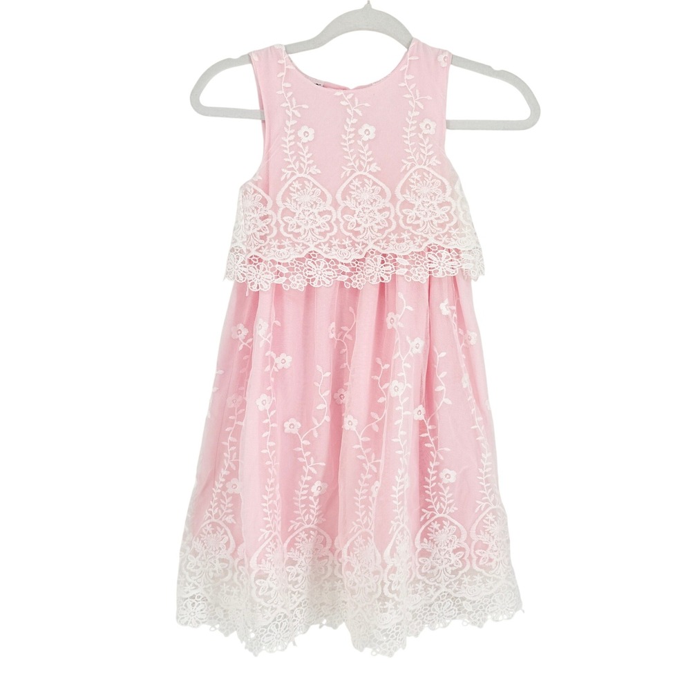 Blueberry Boulevard Girls Pink Lace Floral Mesh Tiered Party Dress Size 7 Layers